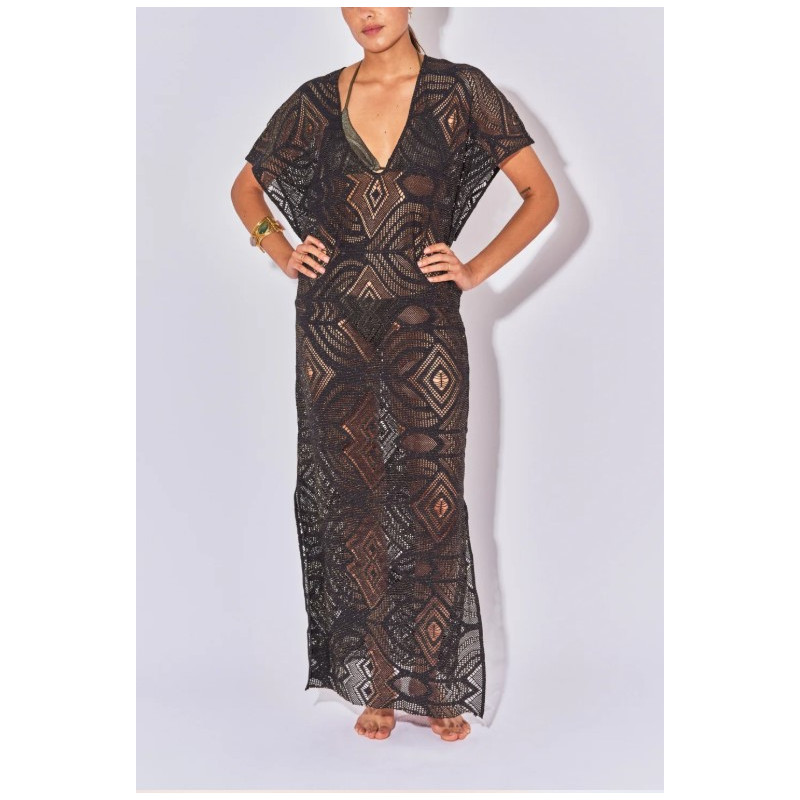 BELIZA Kaftan Long Crochet Noir
